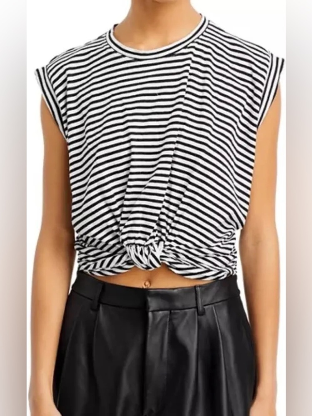 FRAME Striped Knot-Front Rolled Sleeve Top - Black/White
